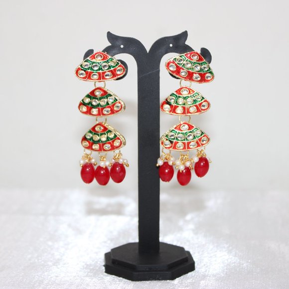 Red Green Kundan Fancy Light Weight Earrings - Picture 2 of 3